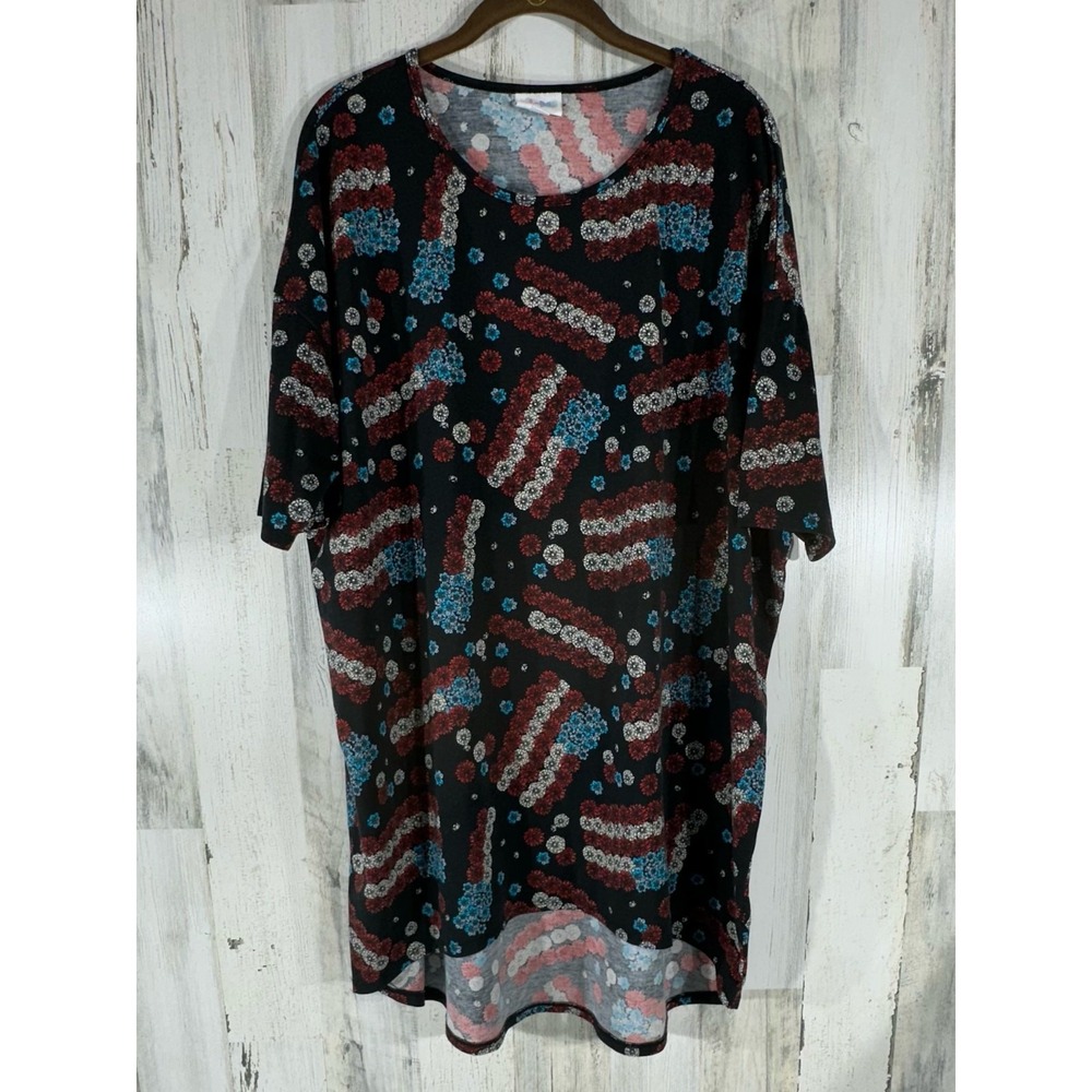 LuLaRoe Irma Tunic XL Black Patriotic Floral Flag High Low‎ Short Sleeve Shirt